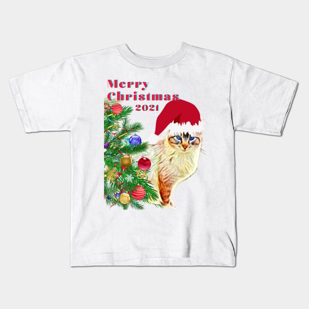 Merry Christmas 2021 Cat with a hat Christmas gifts Kids T-Shirt by BeatyinChaos